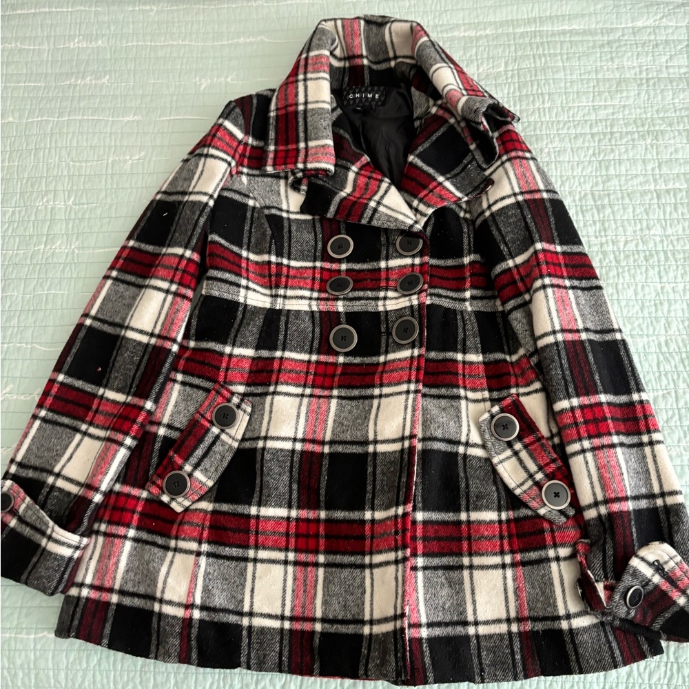 Women's Winter Plaid Pea Coat Jacket Black/Red/White Size M